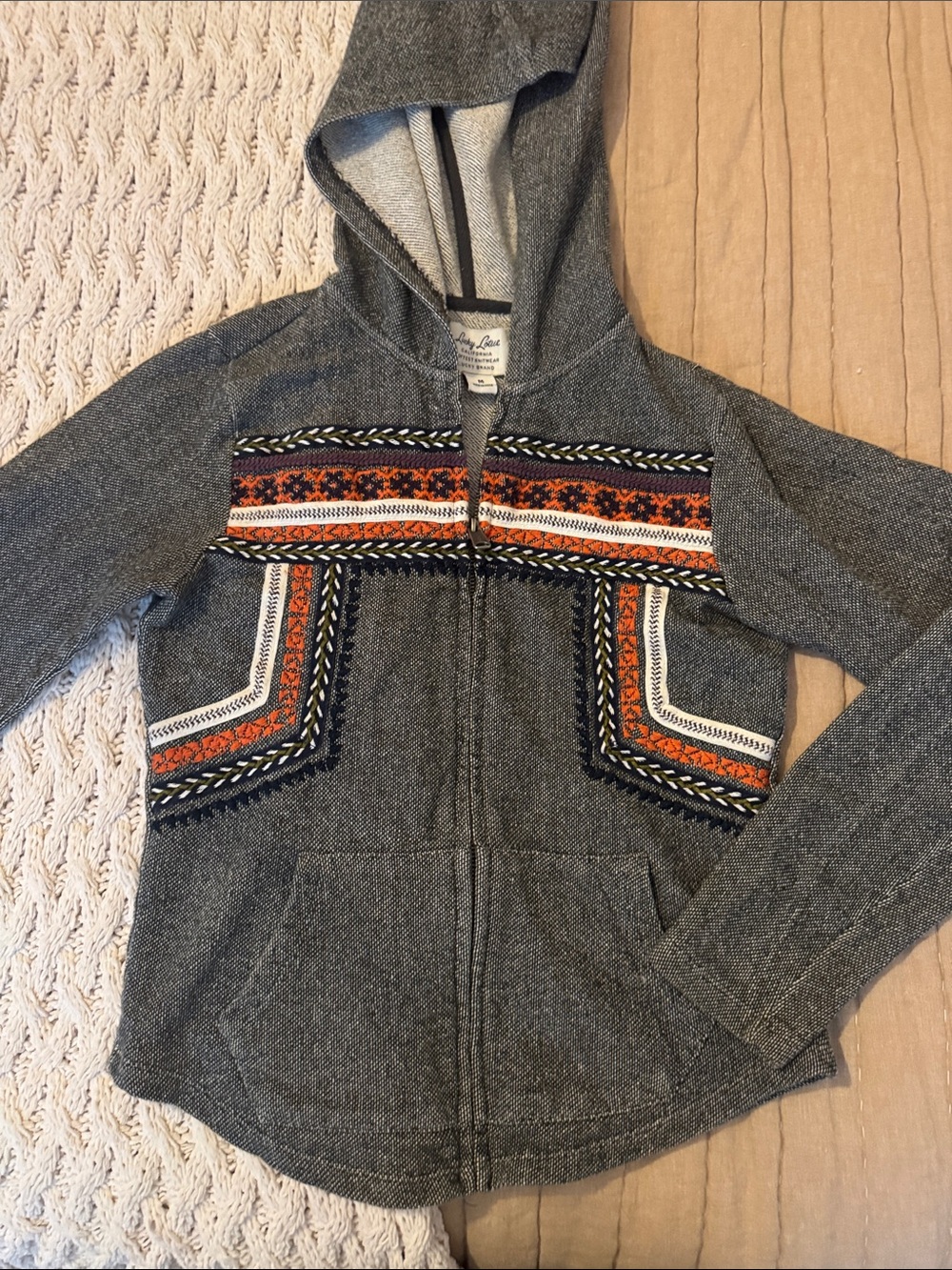 Women's Gray Hooded Zip Sweatshirt with Orange Patterned Trim